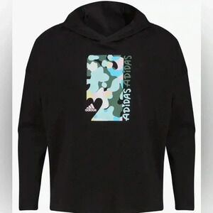 ADIDAS Girls' Long Sleeve Hooded Graphic Tee, Black with Camo Print, Large or Md